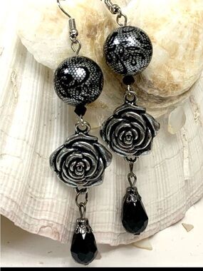 Black Rose Crystal Beaded Earrings